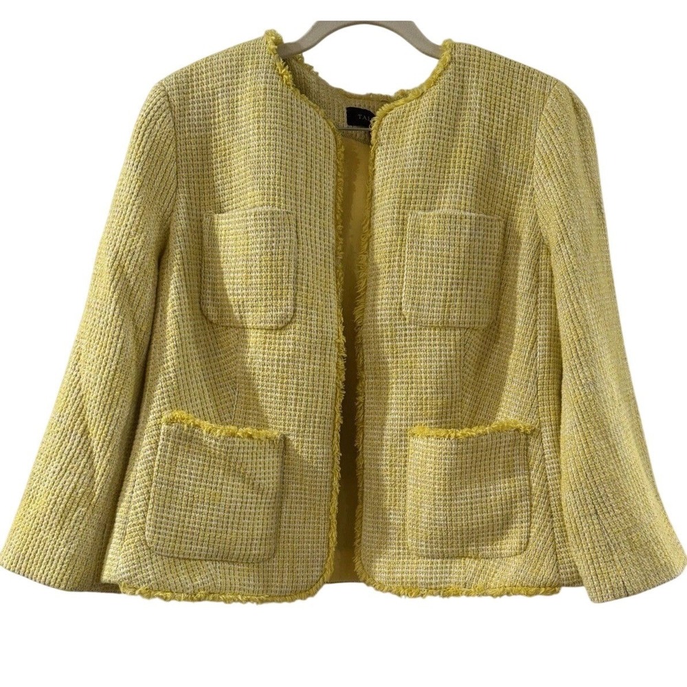 Talbots Womens Yellow White Tweed Fringe Trim Open Front Jacket Blazer Size 12